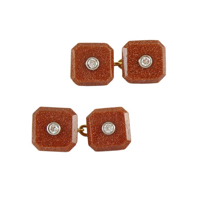 Pair of Art Deco goldstone and diamond cufflinks, c.1930, the octagonal cut goldstone rub over set to the centre with a round brilliant cut diamond, | MasterArt